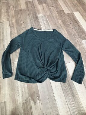 Anthropologie Teal Waffle-Knit V-Neck Long-Sleeve Top with Front Twist